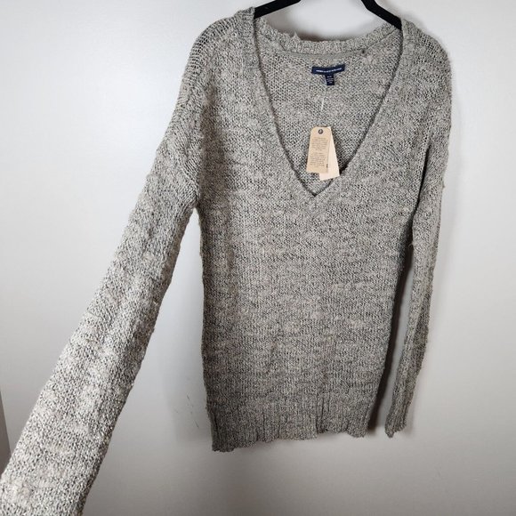 American Eagle Tunic Sweater Womens Beige Deep V Neck Knit Cottagecore Y2K New - Picture 7 of 15